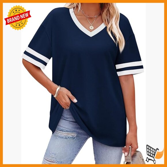 Tops - Loose Fit V-Neck Short Sleeve Tee, Color Block Summer Top, OEKO-TEX Certified